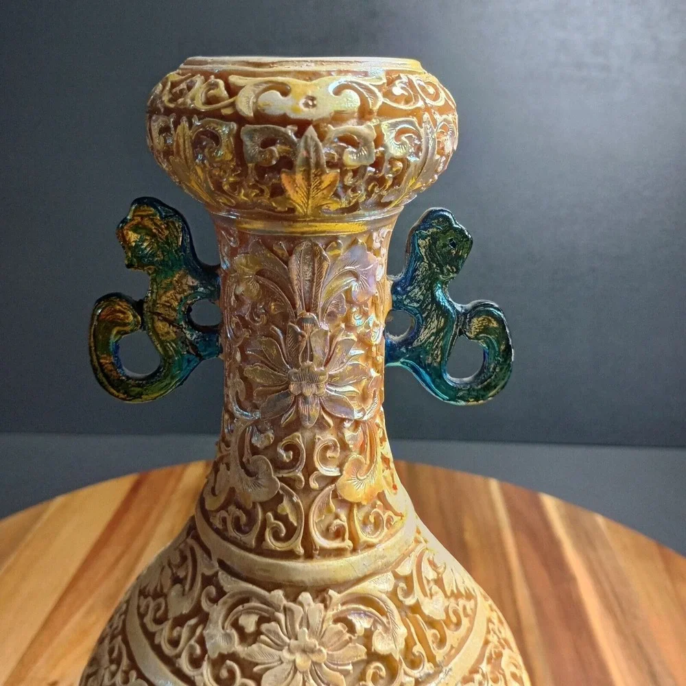 Vintage Antique Carved Resin Vase Asian Japanese Chinese Satsuma Style 12